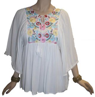 Rayon Crape Bohemian Medieval Short Wide Sleeve Embroidered Tunic Blouse - Agan Traders, White