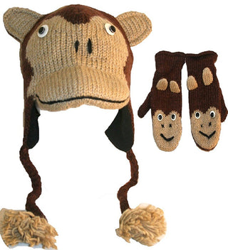 Soft Warm Knit Wool Fleece Lined Flap Trapper Assorted Animal Hat Mitten Set - Agan Traders, Japanese Monkey Set