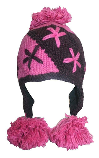 Two Tone Knit Crochet Beanie Pom Pom Hat - Agan Traders, Pink Multi