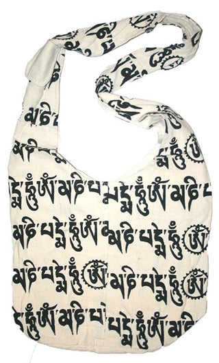 06 BG Cotton Om Mani Padhme Hum Script Shoulder Messenger Bag Purse - Agan Traders, White
