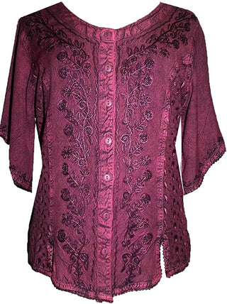 Scooped Neck Medieval  Embroidered Blouse - Agan Traders, Burgundy