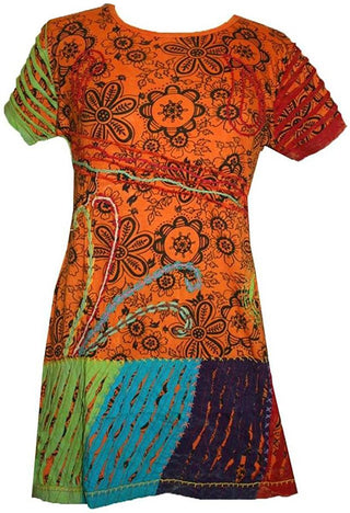 Knit Viscose Razor Cut Embroidered Light Weight Summer Short Baby Doll Dress - Agan Traders, Orange Multi