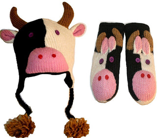 Soft Warm Knit Wool Fleece Lined Flap Trapper Assorted Animal Hat Mitten Set - Agan Traders, Cow Set