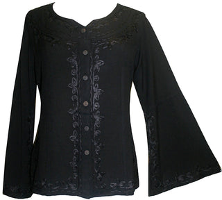 Gypsy Medieval Embroidered Gothic Peasant Top Bell Blouse - Agan Traders, Black