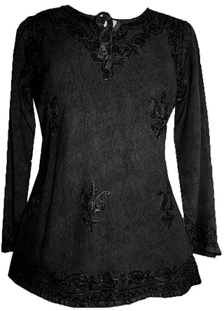 Embroidered Front V Neck Vintage Blouse - Agan Traders, Black