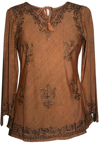 Embroidered Front V Neck Vintage Blouse - Agan Traders, Rust