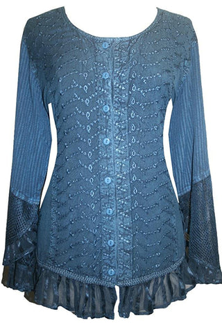 Embroidered Netted Ruffle Sleeve Blouse - Agan Traders, Blue