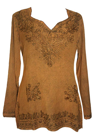 Diamond Neck Renaissance Embroidered Blouse - Agan Traders, Old Gold