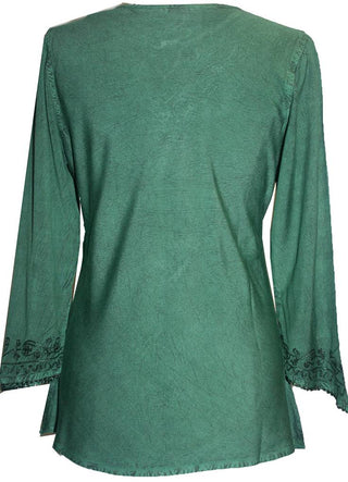 Embroidered Front V Neck Vintage Blouse - Agan Traders, Green