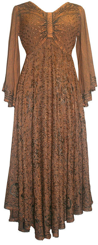 V Neck Embroidered Butterfly Bell Sleeve Flare Mid Calf Dress - Agan Traders, Rust