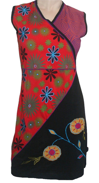 RD 14 Agan Traders Nepal Bohemian Gypsy Knit Cotton Knee Length Summer Dress - Agan Traders, Black Red