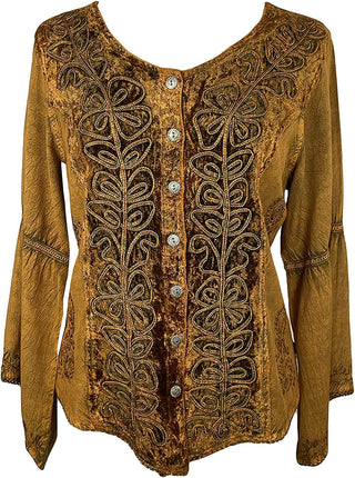 Renaissance Vintage Rayon Velvet Renaissance Top Blouse - Agan Traders, Old Gold