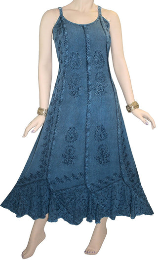 Rayon Embroidered Scalloped Hem Gypsy Spaghetti Strap Dress - Agan Traders, Blue