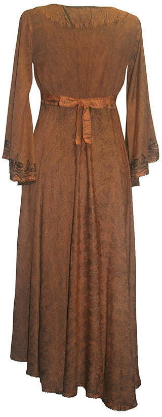V Neck Embroidered Butterfly Bell Sleeve Flare Mid Calf Dress - Agan Traders, Rust