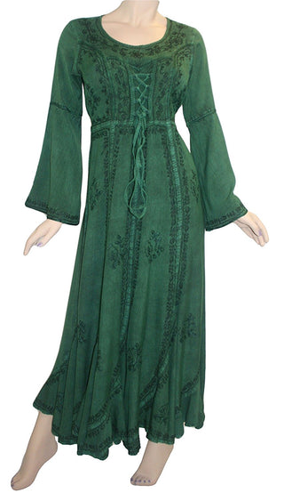 Peasant Embroidered Bell Sleeve Scalloped Hem Dress Gown - Agan Traders, Green