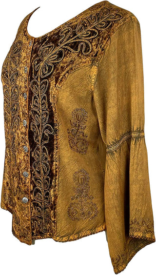 Renaissance Vintage Rayon Velvet Renaissance Top Blouse - Agan Traders, Old Gold