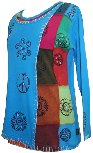 Knit Cotton Hand Brush Painted Bhoto Style Top Blouse - Agan Traders, Turquoise