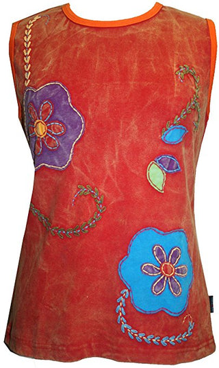 R 113 Rib Cotton Patch Floral Embroidered Sleeveless Tee Shirt - Agan Traders, Red Burgundy
