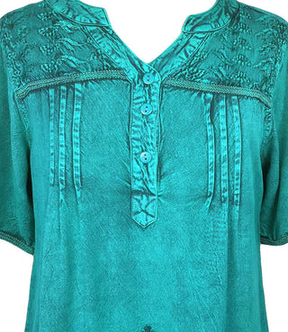 9011 B Bohemian Mandarin Style Three Button Embroidered Shirt Blouse - Agan Traders, Turquoise