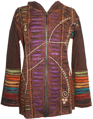 RJ 51 Agan Traders Bohemian Nepal Hoodie Gypsy Knit Cotton Patch Rib Jacket - Agan Traders, Brown Purple