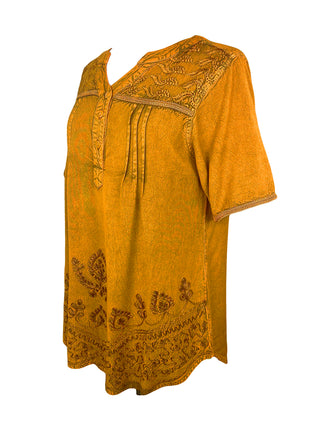 9011 B Bohemian Mandarin Style Three Button Embroidered Shirt Blouse - Agan Traders, Old Gold