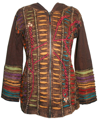 RJ 51 Agan Traders Bohemian Nepal Hoodie Gypsy Knit Cotton Patch Rib Jacket - Agan Traders, Brown Yellow