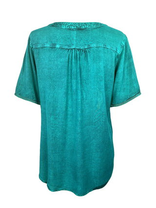 9011 B Bohemian Mandarin Style Three Button Embroidered Shirt Blouse - Agan Traders, Turquoise