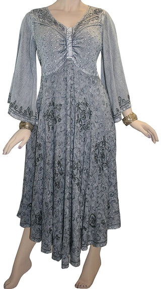 V Neck Embroidered Butterfly Bell Sleeve Flare Mid Calf Dress - Agan Traders, Silver