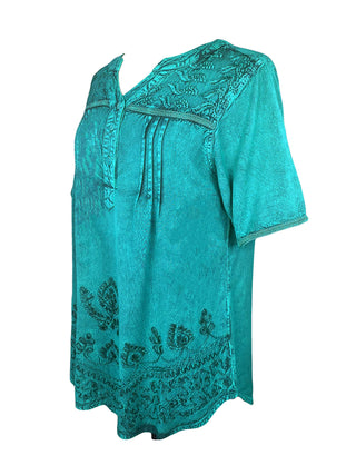 9011 B Bohemian Mandarin Style Three Button Embroidered Shirt Blouse - Agan Traders, Turquoise