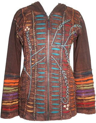 RJ 51 Agan Traders Bohemian Nepal Hoodie Gypsy Knit Cotton Patch Rib Jacket - Agan Traders, Brown Teal