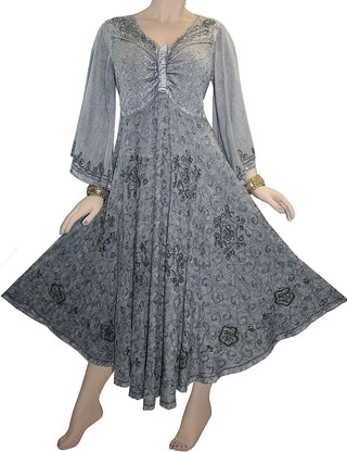 V Neck Embroidered Butterfly Bell Sleeve Flare Mid Calf Dress - Agan Traders, Silver