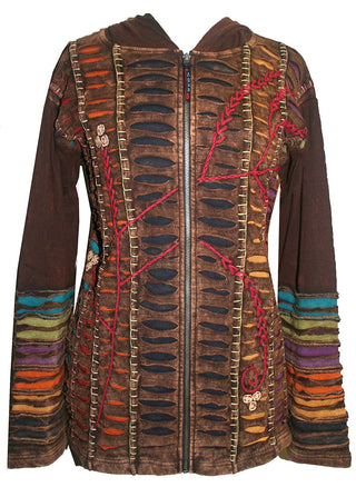 RJ 51 Agan Traders Bohemian Nepal Hoodie Gypsy Knit Cotton Patch Rib Jacket - Agan Traders, Brown Black