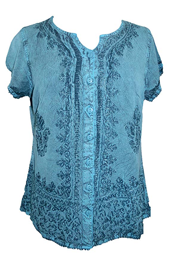 144 B Medieval Embroidered Button Down Cap Sleeve Shirt Blouse – Agan ...