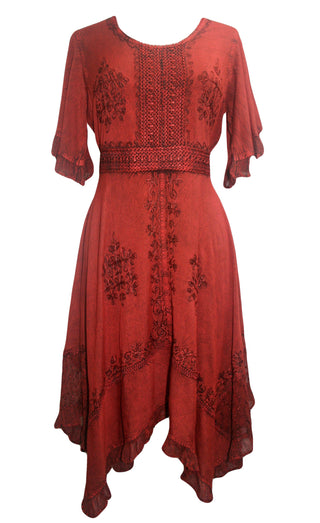  186014 DR Bohemian Asymmetrical Hem Ruffle Embroidered Casual Chic Dress - Agan Traders, B Red