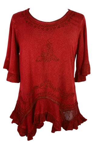 186027 B Bohemian Medieval Embroidered Round Neck Ruffle Hem Short Sleeve - Agan Traders, B red 