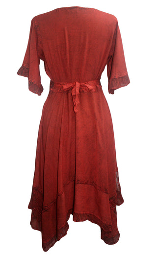  186014 DR Bohemian Asymmetrical Hem Ruffle Embroidered Casual Chic Dress - Agan Traders, B Red