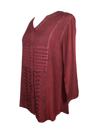 Women's Vintage Long Sleeve Rounded Sweet Heart Button Down Tunic Blouse - Agan Traders, Burgundy