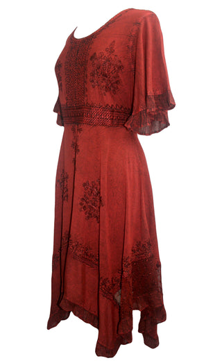  186014 DR Bohemian Asymmetrical Hem Ruffle Embroidered Casual Chic Dress - Agan Traders, B Red