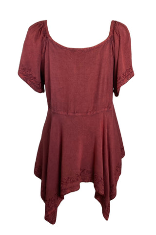 18605 B Bohemian Asymmetrical Hem Front Rope Tie Short Sleeve Blouse - Agan Traders, Burgundy