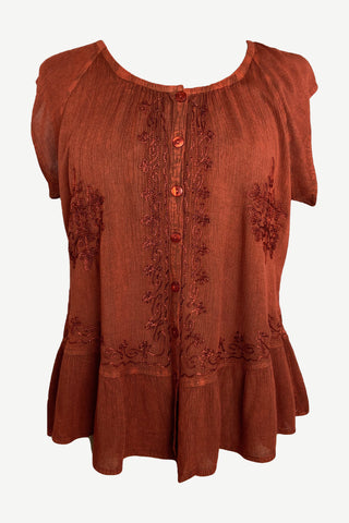27713 B Medieval  Embroidered Button Down Light Weight Cap Sleeve Shirt Blouse - Agan Traders, Orange Rust