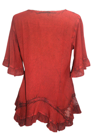 186027 B Bohemian Medieval Embroidered Round Neck Ruffle Hem Short Sleeve - Agan Traders, B red 