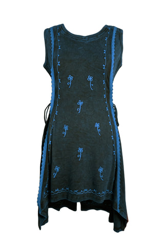 R 309 DR High Low Rib Cotton Stretchy Sleeveless Embroidered Mid Length Dress - Agan Traders, Blue