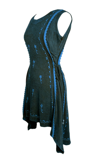 R 309 DR High Low Rib Cotton Stretchy Sleeveless Embroidered Mid Length Dress - Agan Traders, Blue