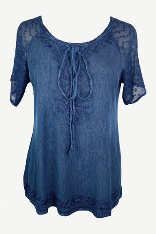 18606 B Bohemian Sheer Light Weight Crape Embroidered Rope Tie Blouse Top - Agan Traders, Blue