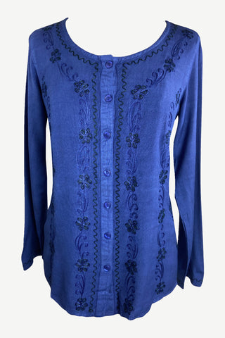 Women's Boho Medieval Embroidered Button-Down Full Sleeve Shirt Blouse﻿ - Agan Traders, Blue