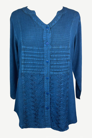 Women's Vintage Long Sleeve Rounded Sweet Heart Button Down Tunic Blouse - Agan Traders, Blue