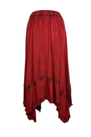 186027 SKT Medieval Embroidered Elastic Waistband Uneven Ruffle Hem Skirt Maxi - Agan Traders, B Red