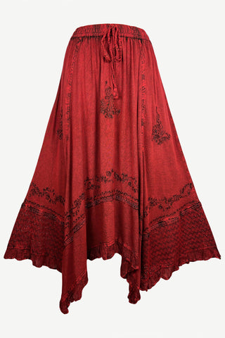 186027 SKT Medieval Embroidered Elastic Waistband Uneven Ruffle Hem Skirt Maxi - Agan Traders, B Red