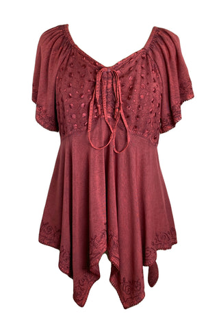 18605 B Bohemian Asymmetrical Hem Front Rope Tie Short Sleeve Blouse - Agan Traders, Burgundy