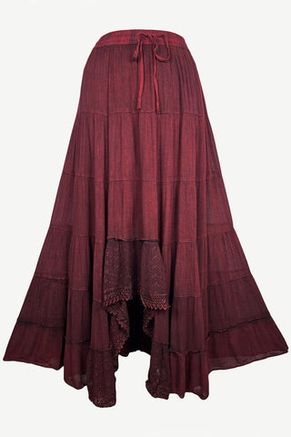186028 SKT Boho Medieval Crepe Tier Elastic Waistband Front Open Long Skirt Maxi - Agan Traders, Burgundy